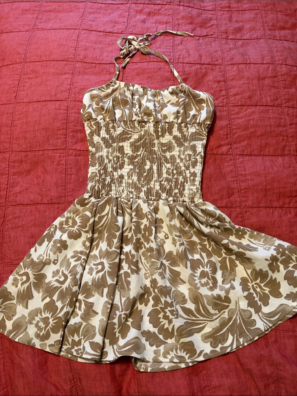 Blue Jasmine Beige & Brown Halter Smocked Floral Mini Dress
